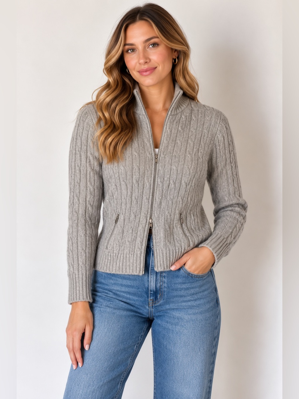 Per Se Women’s Light Gray Cable-Knit Zip-Up Tank and Sweater Set